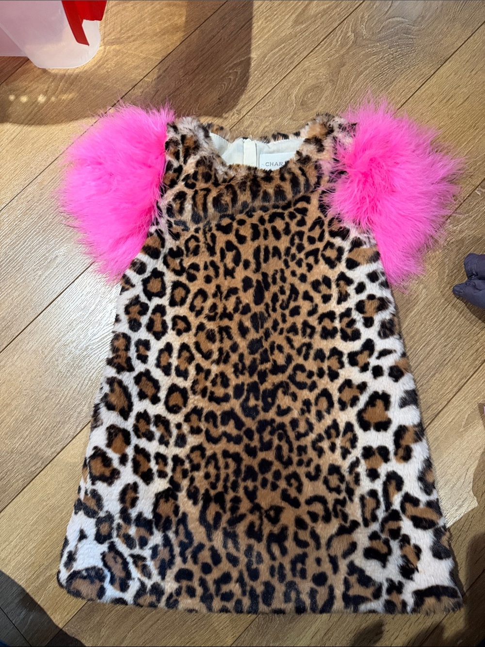Leopard Faux Fur Dress with Hot Pink Feather Sleeves